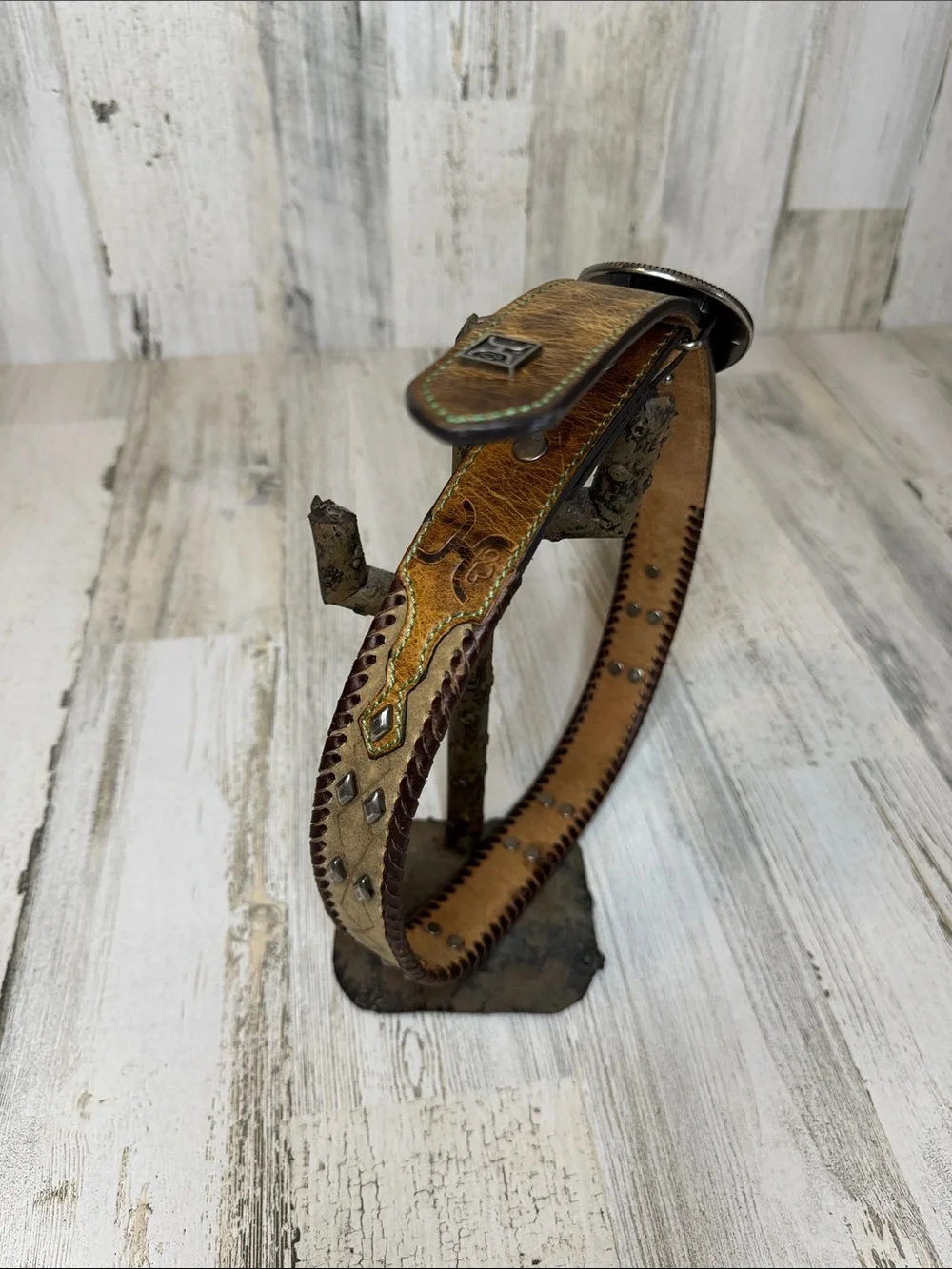 Hooey Leather Distressed Belt Whipstitch Studded Silvertone Removable Buckle 26